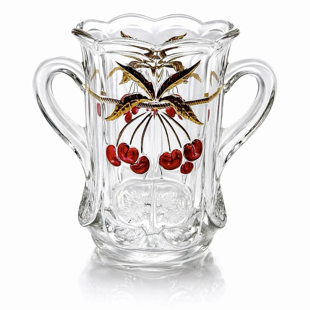 MOSSER Red & Gold Cherry Thumbprint Glass Celery Vase Double Handle 5.5
